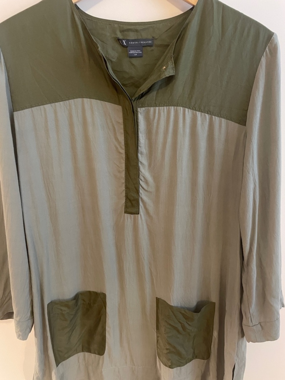 Armani Exchange Olive Two-Tone Long Sleeve Patch Pocket Shirt